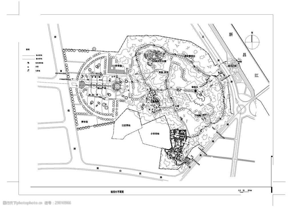 关键词:公园景观设计给排水平面图 cad图纸 景观cad 施工 铺装 景观