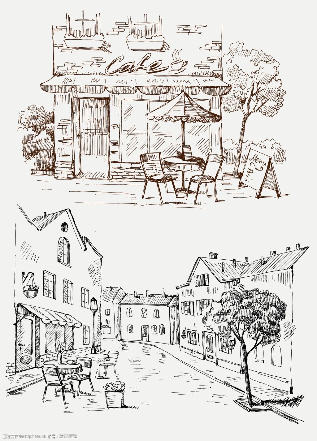 关键词:手绘速写风格咖啡厅 创意 风景 插画 手绘 速写 街道 咖啡厅