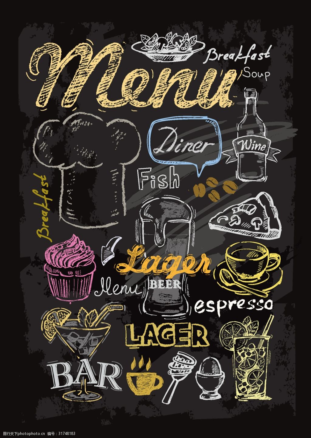 关键词:西餐厅黑板背景粉笔字画菜单矢量素材 食物 简约 卡通 矢量