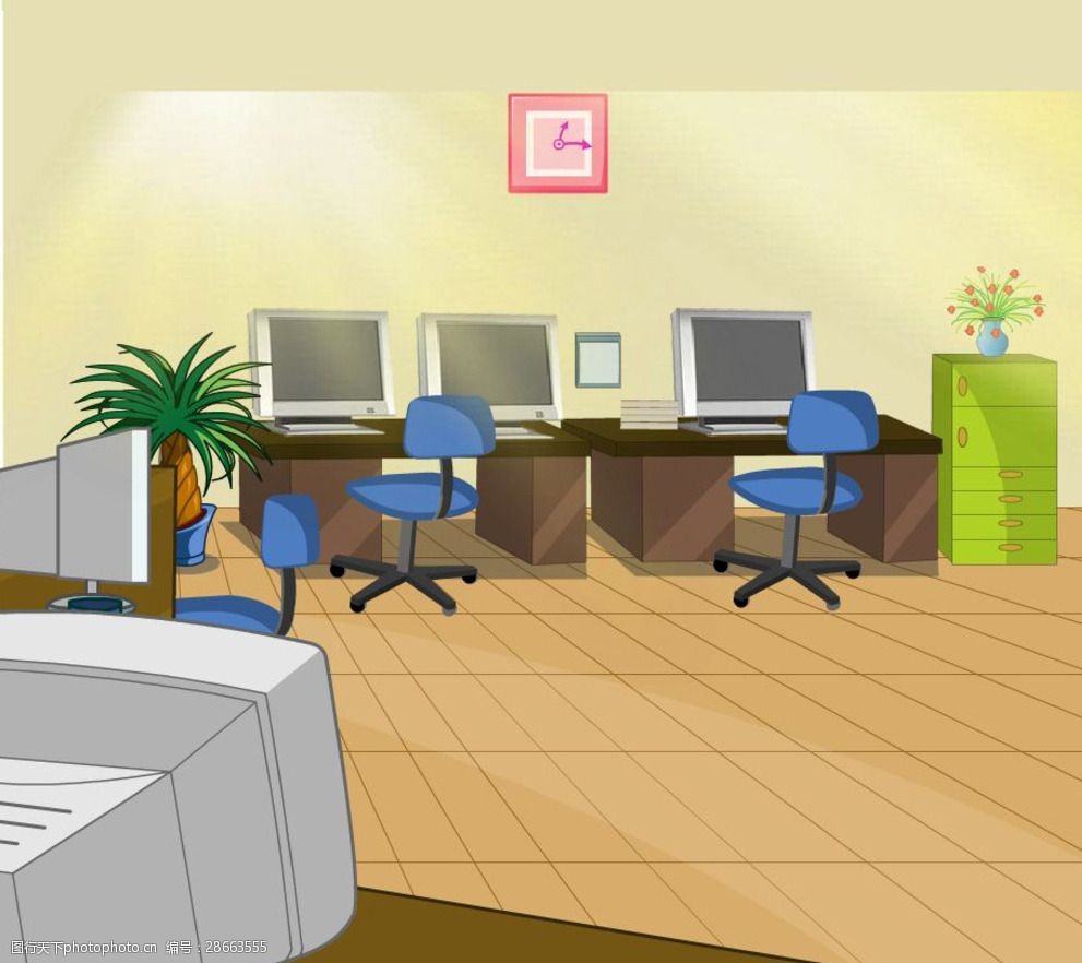 手绘动漫游戏办公室房间场景素材