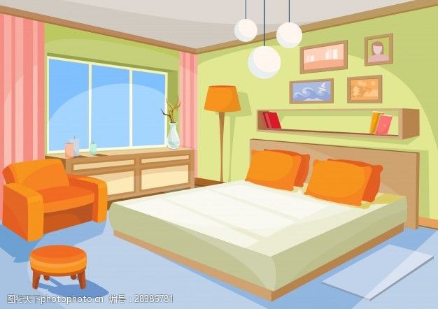 矢量卡通插画室内橙蓝色卧室,客厅与床,软椅子