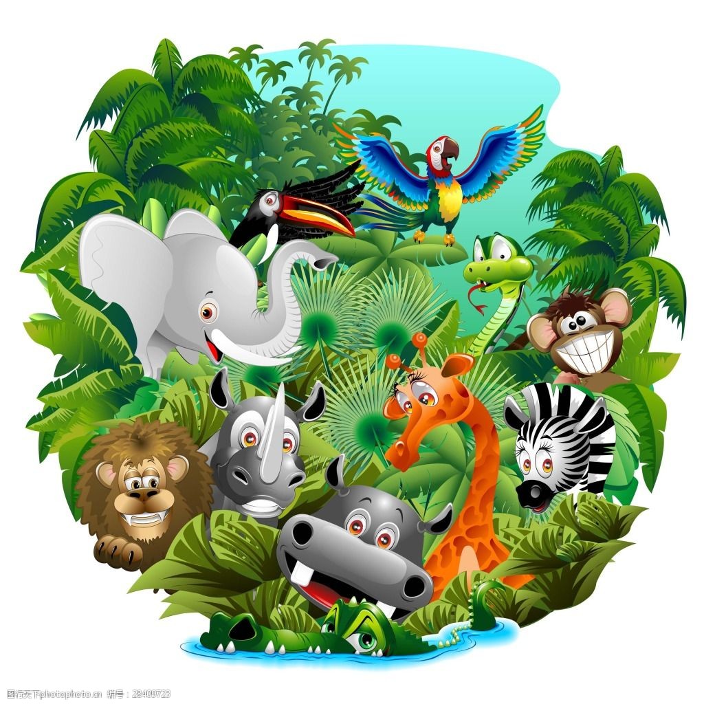 关键词:森林里的动物聚会插画 卡通 可爱 森林 动物 绿色 聚会 大象