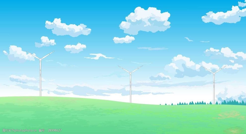 动画 草原 蓝天 白云 风力发电 风车 设计 动漫动画 风景漫画 fla