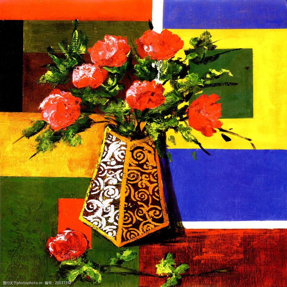 瓶子里的红色花朵油画图片素材 玫瑰花 红色花朵 中国画 油画 绘画