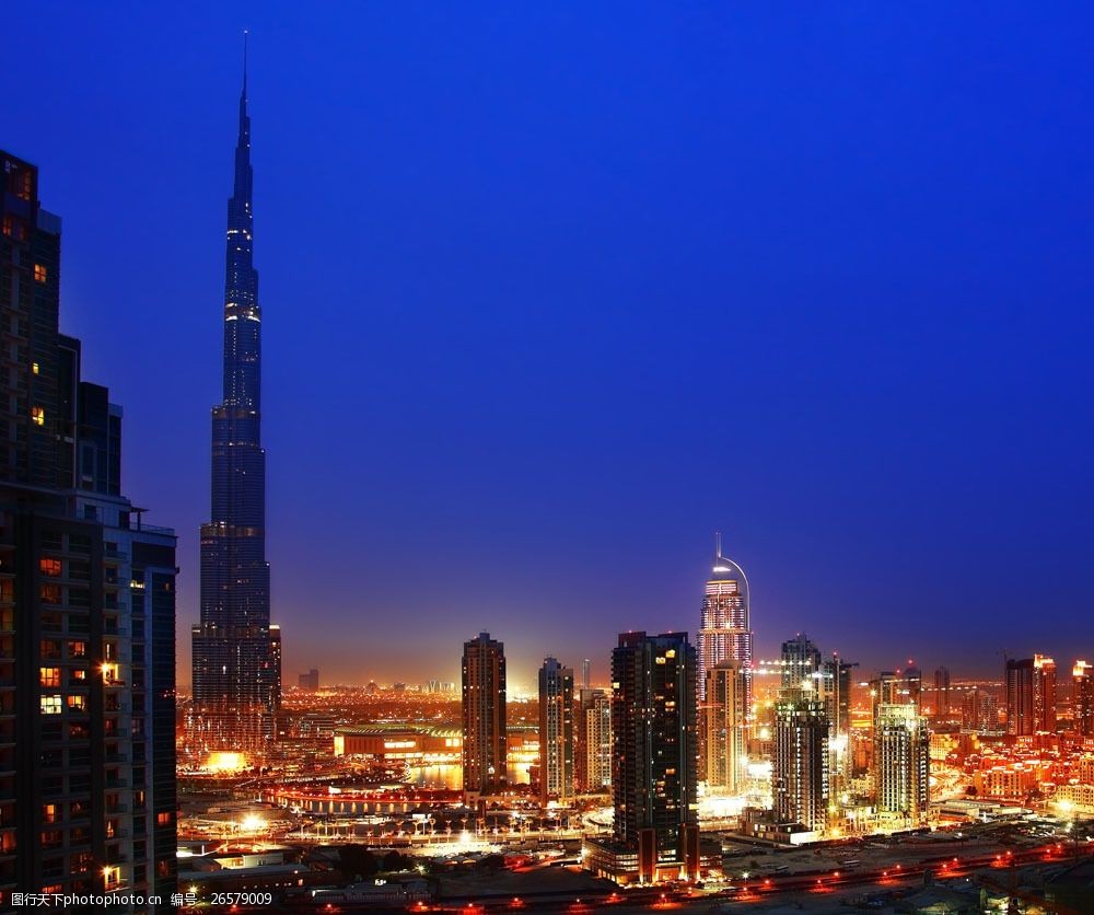 迪拜顶天高楼大楼城市夜景图片