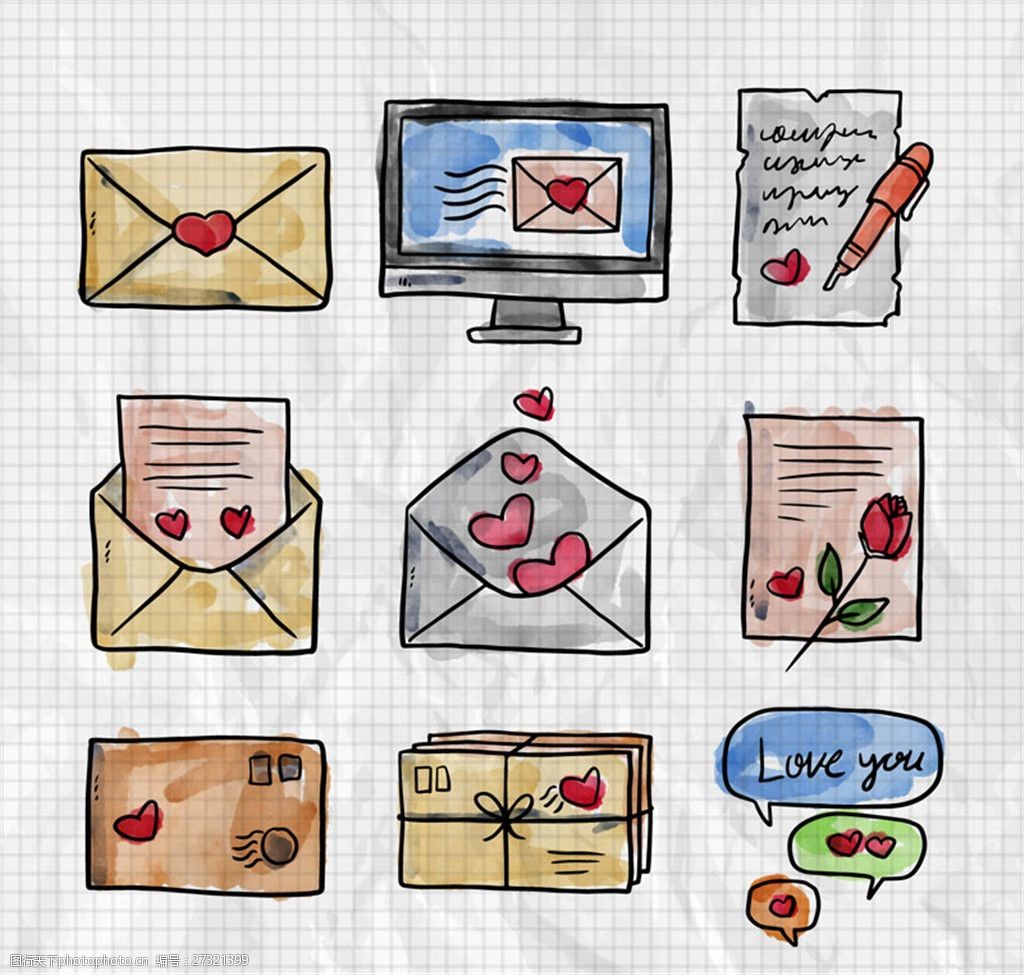 9款水彩绘情人节书信矢量素材图片-图行天下图库