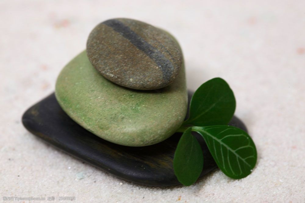 三块石头与绿叶图片