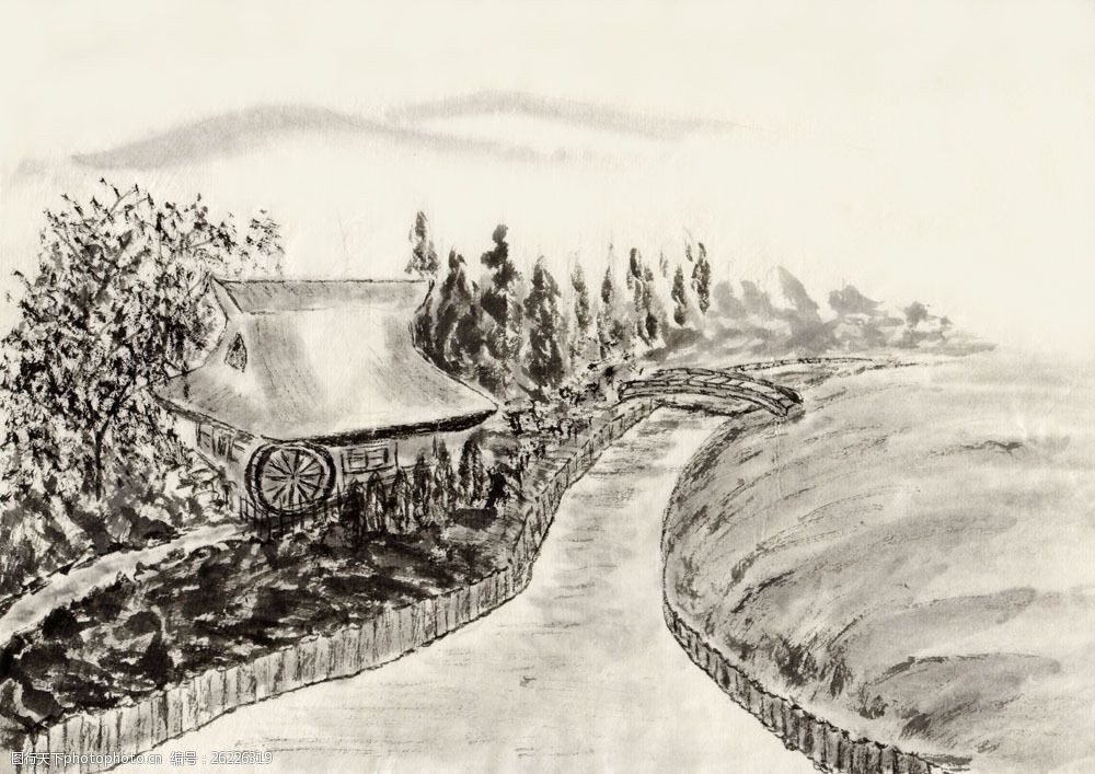 水墨风景-水车旁的小屋图片图片