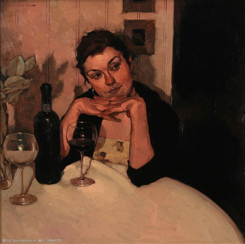 喝红酒的美女人物油画图片