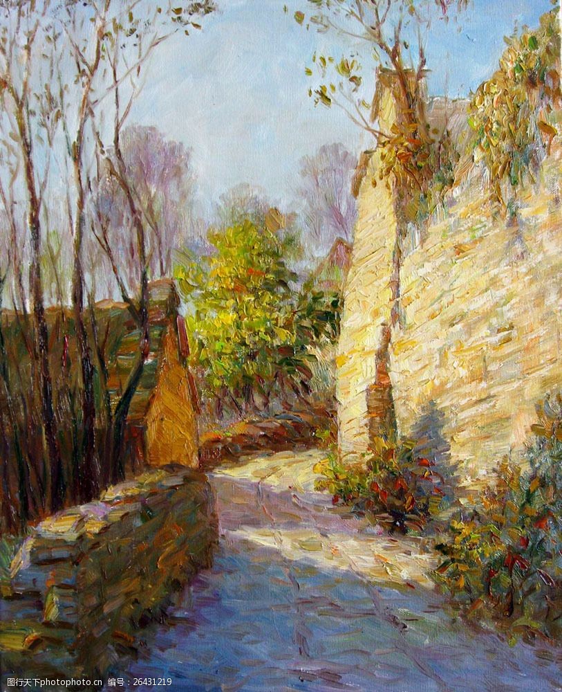 开满鲜花的围墙油画图片