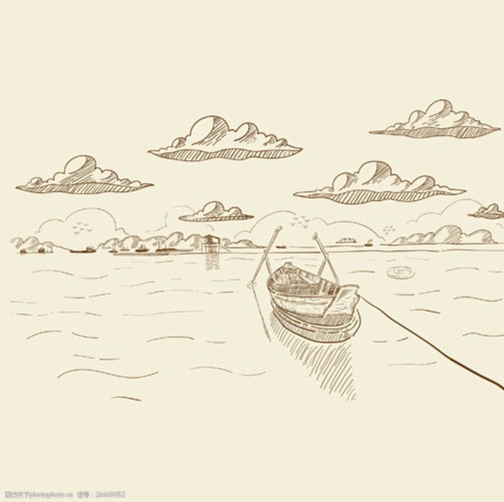 手绘素描海港风景插图