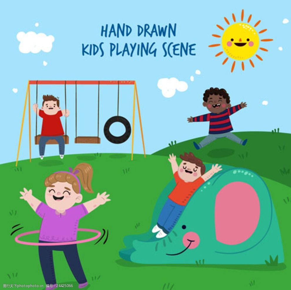 卡通儿童节在草坪上玩耍的孩子