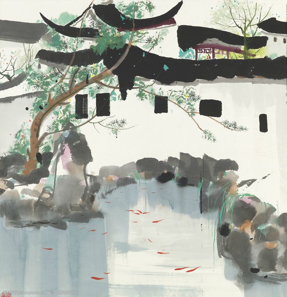 水墨山水乡村人家青砖白瓦