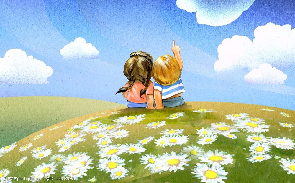 坐在草原上的卡通儿童图片