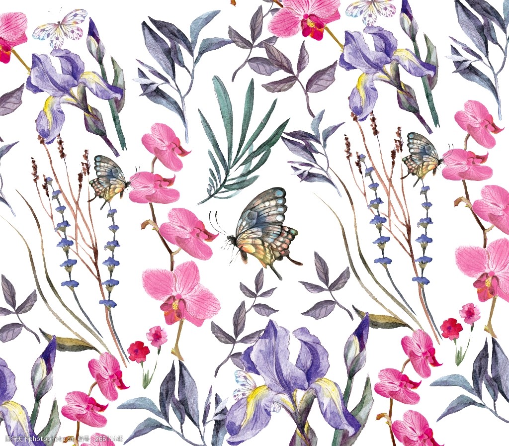 唯美手绘彩绘花草蝴蝶高清素材
