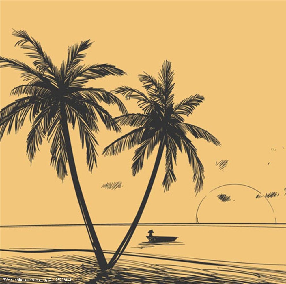 手绘素描海边棕榈树风景