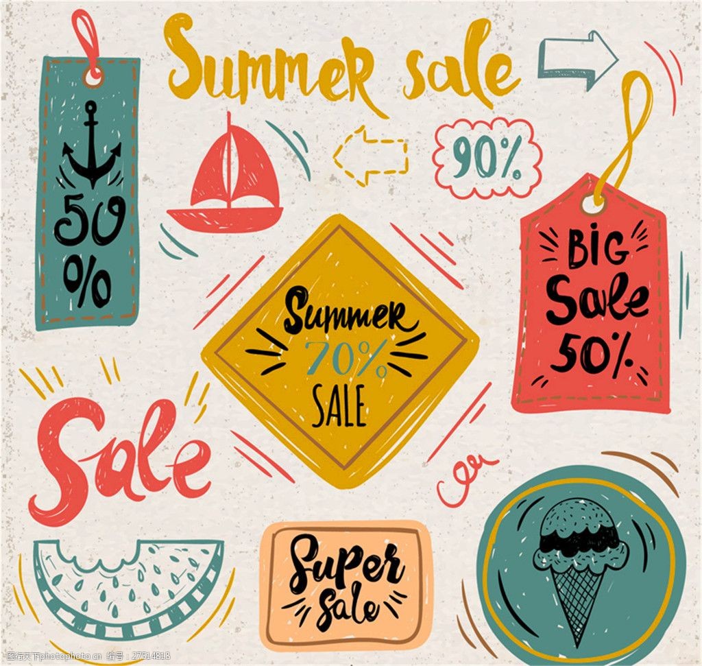 8款手绘风格夏季标签矢量图