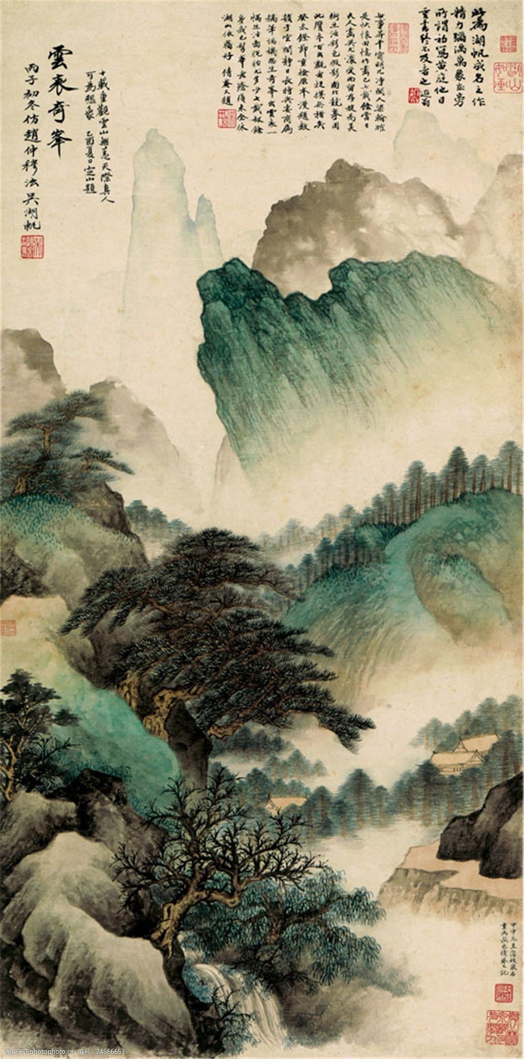 关键词 水墨山峰树木 山水画 水墨画 背景墙 无框画 装饰画 画芯 挂画