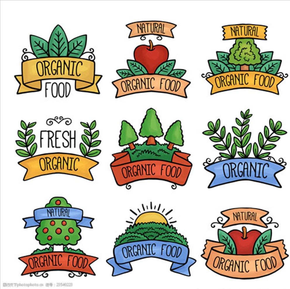 一组手绘农场水果标签标识