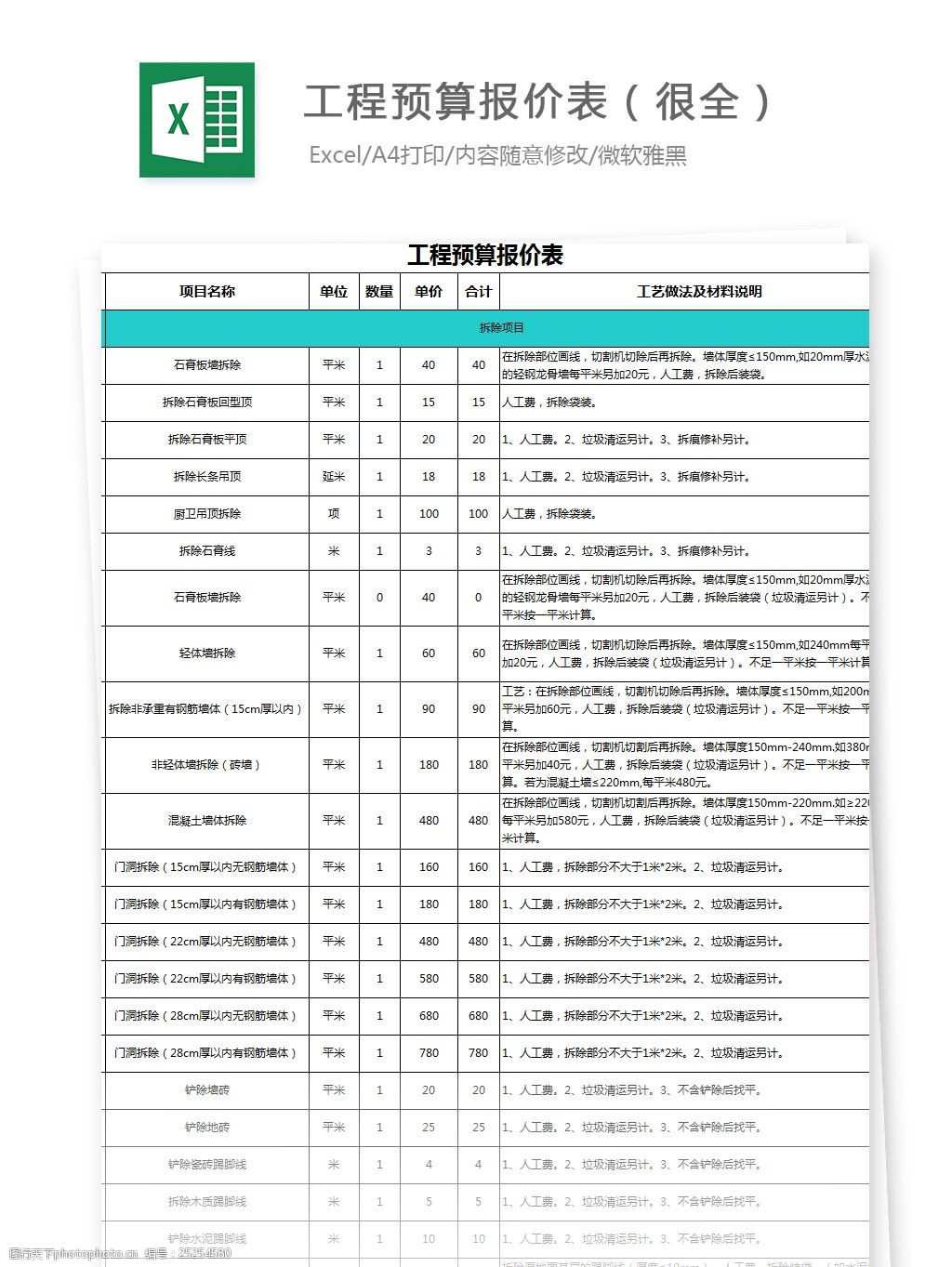 工程預算報價表(很全)excel模板