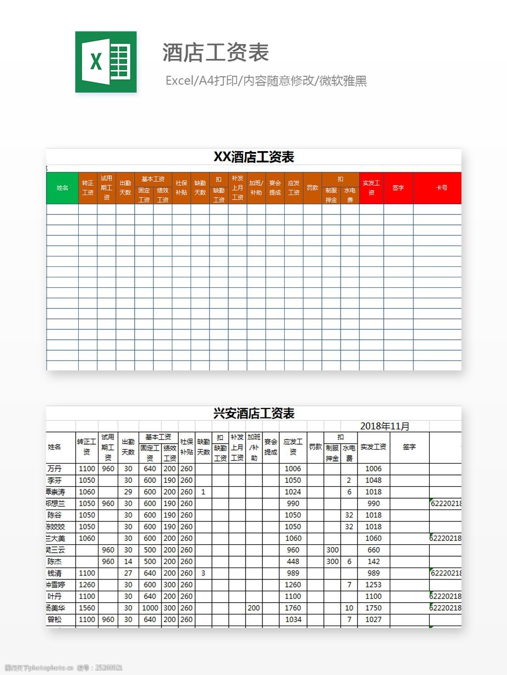 酒店工資表excel模板