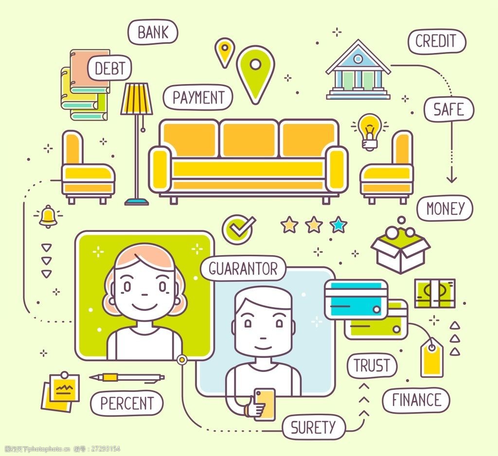 线性卡通人物银行工作流程图矢量插画