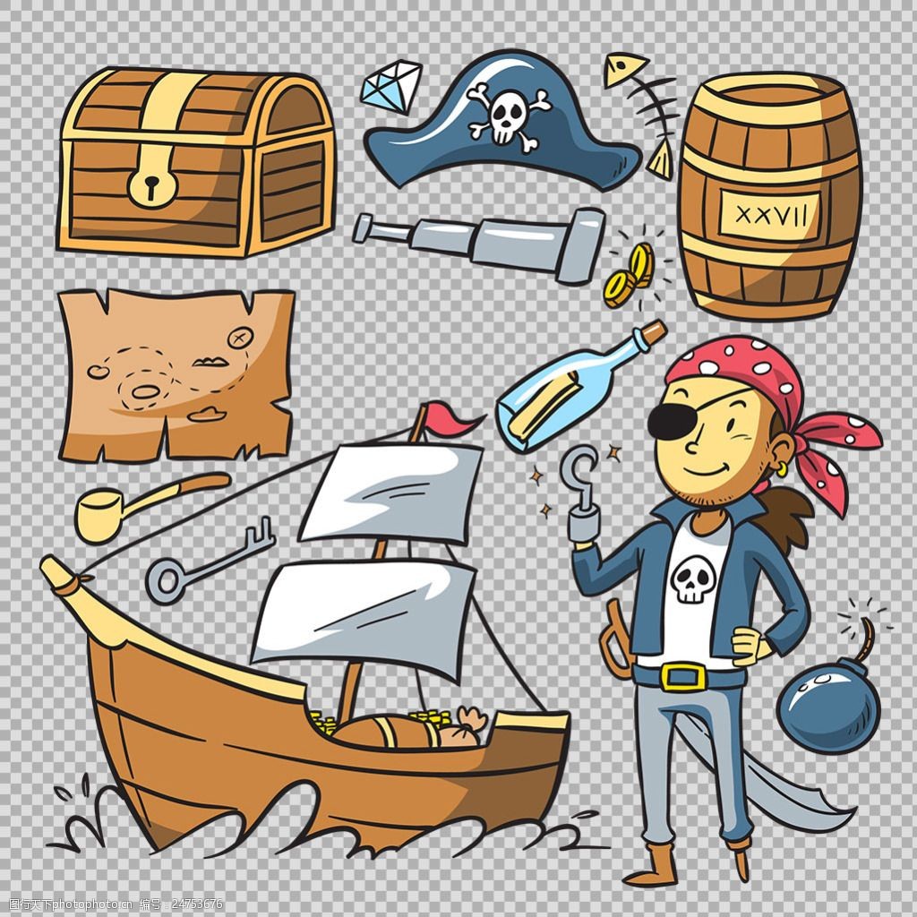 手绘风格海盗元素图免抠png透明图层素材