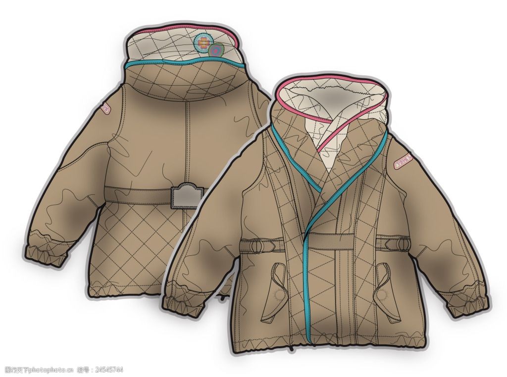 咖啡色连帽小女孩服装设计秋冬彩色原稿