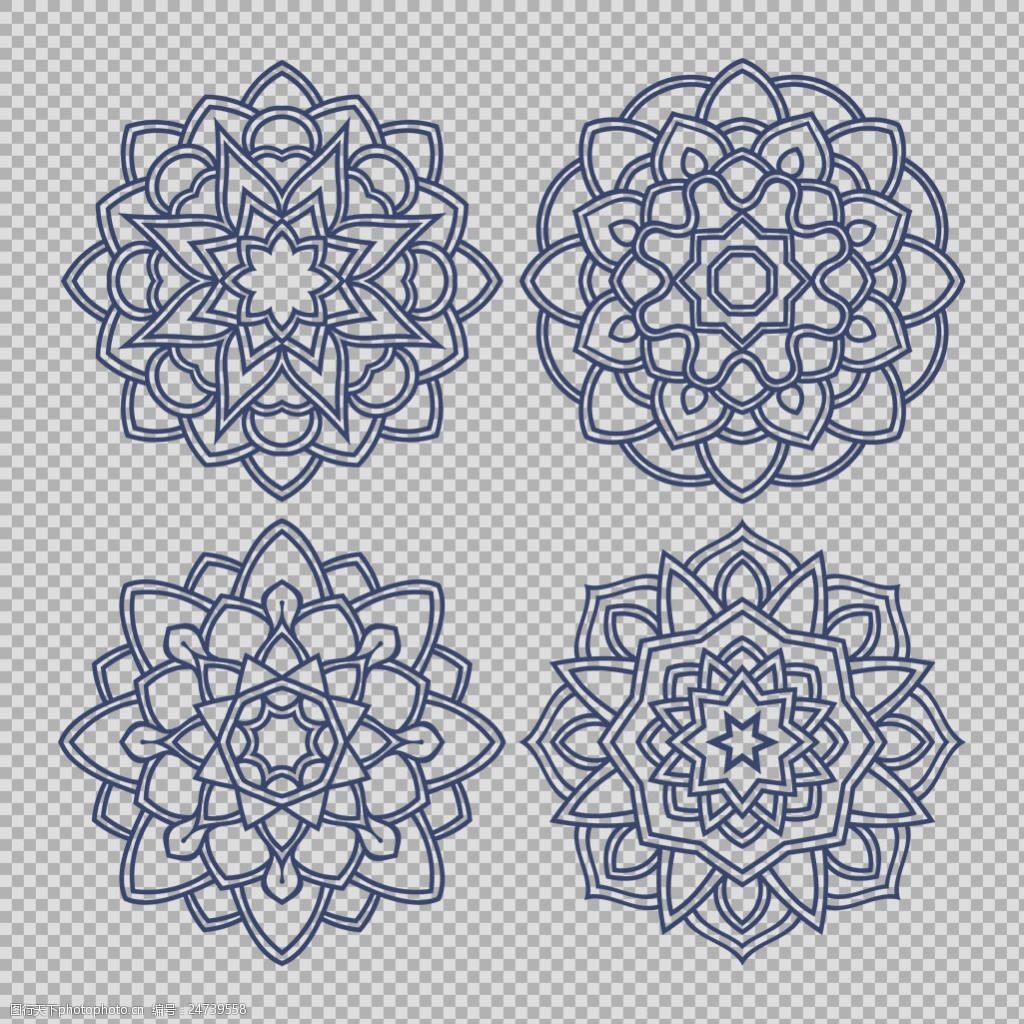 四个曼陀罗花纹免抠png透明图层素材