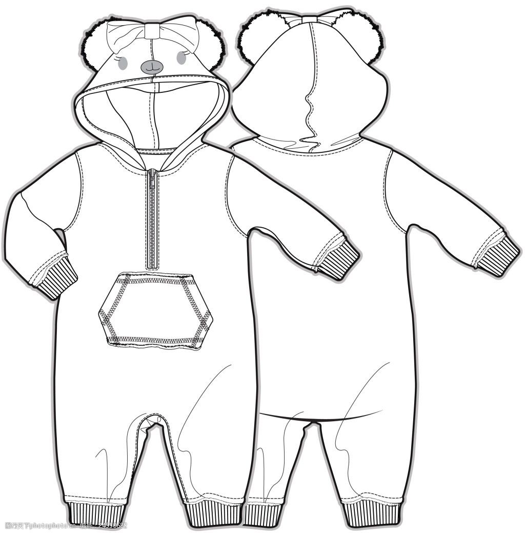 小熊连体衣女宝宝服装设计线稿矢量素材