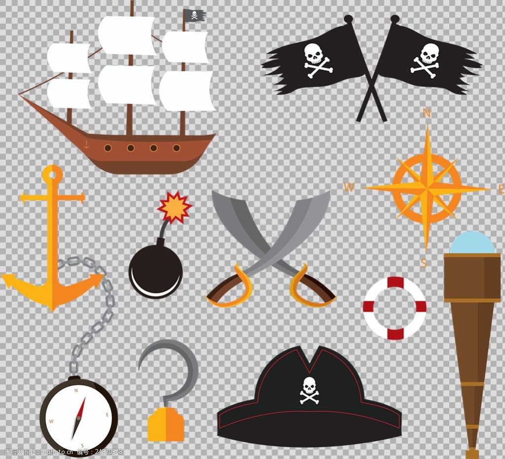 手绘各种海盗元素图免抠png透明图层素材