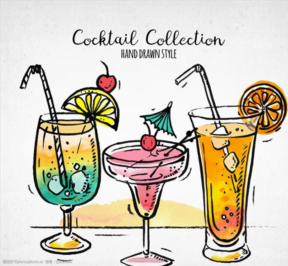 手绘夏季鸡尾酒的草图
