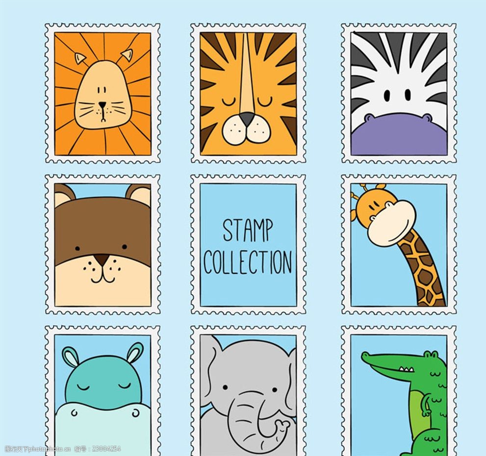 8款卡通动物邮票矢量素材