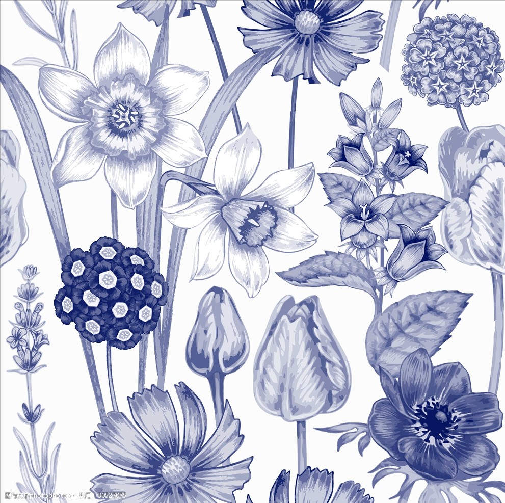 手绘植物花朵花卉四方连续底纹