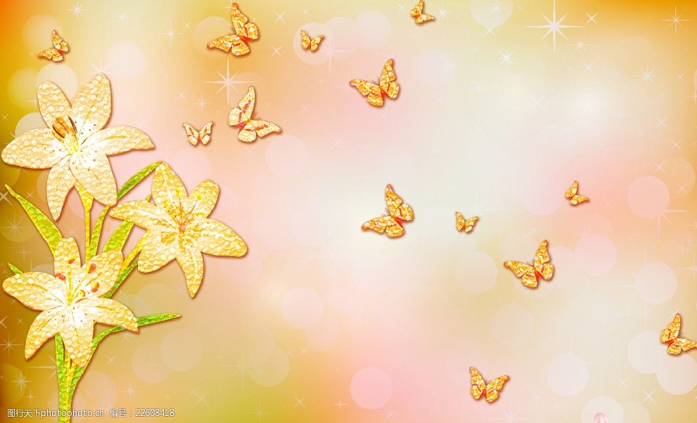 梦幻蝴蝶百合花背景墙图片-图行天下图库