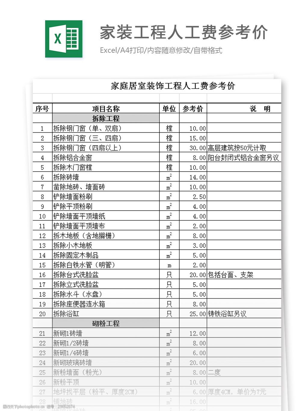 家裝工程人工費參考價excel模板表格