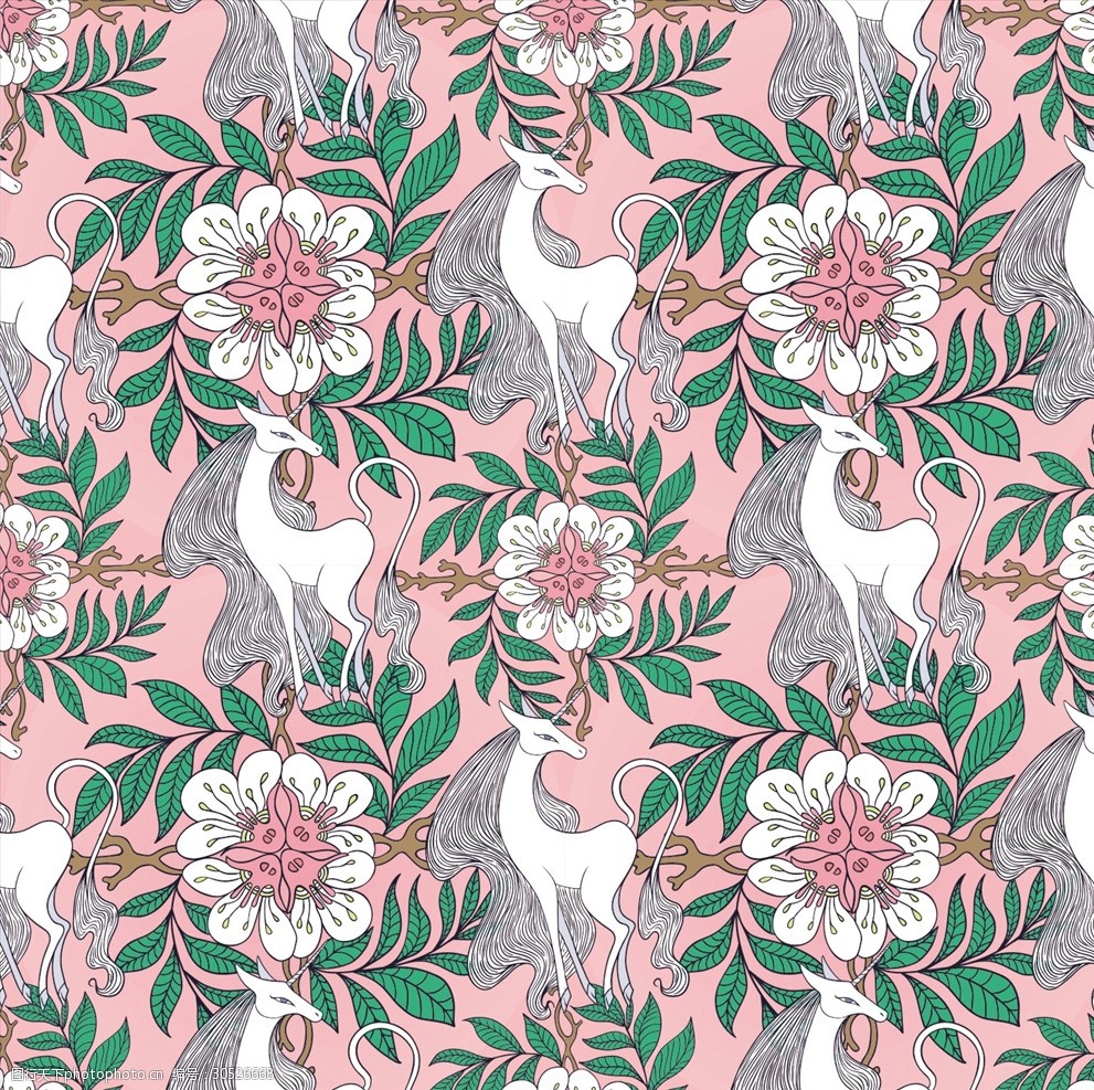 手绘花朵花卉独角兽四方连续底纹