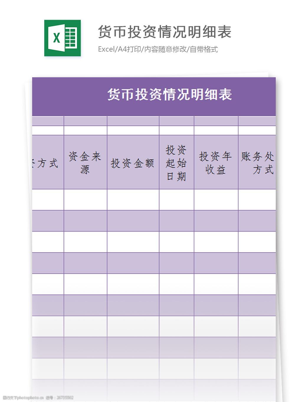 关键词:货币投资情况明细表excel模板 excel模板 表格模板 图表 表格