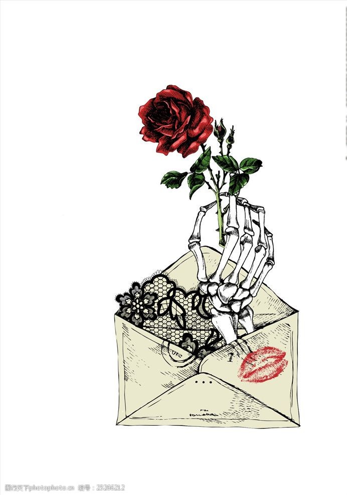 信封骷髅玫瑰花矢量图下载