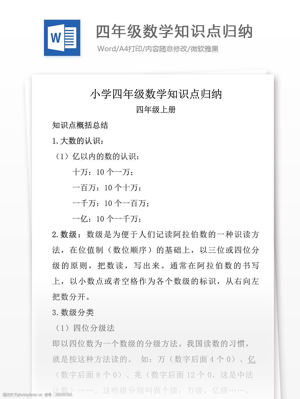 小學四年級數學知識點歸納小學教育文檔