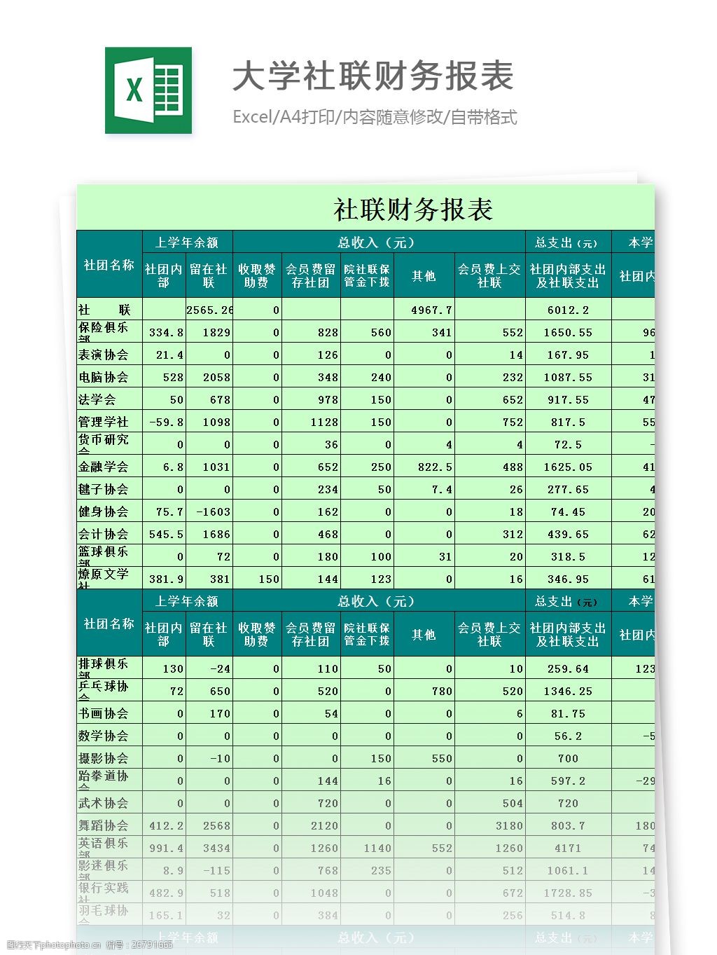 大学社联财务报表excel模板 excel模板 表格模板 图表 表格设计 表格