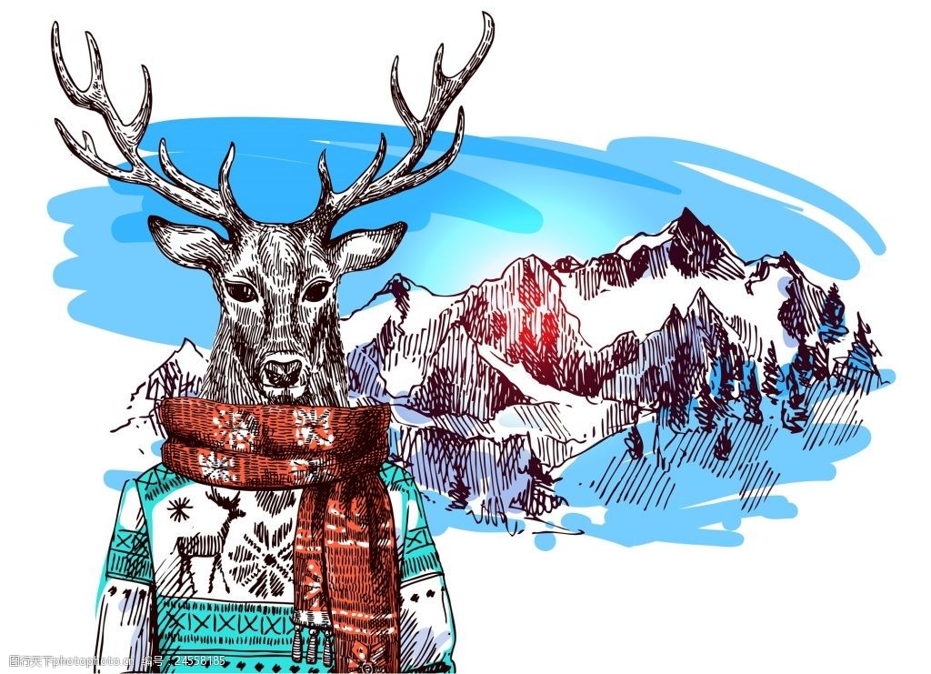 卡通麋鹿雪山冬季动物拟人装饰画矢量