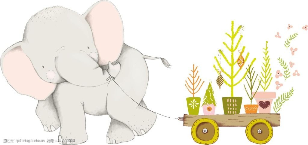关键词:手绘大象花车元素 手绘 卡通 大象 花朵 盆栽 小推车 png 免抠