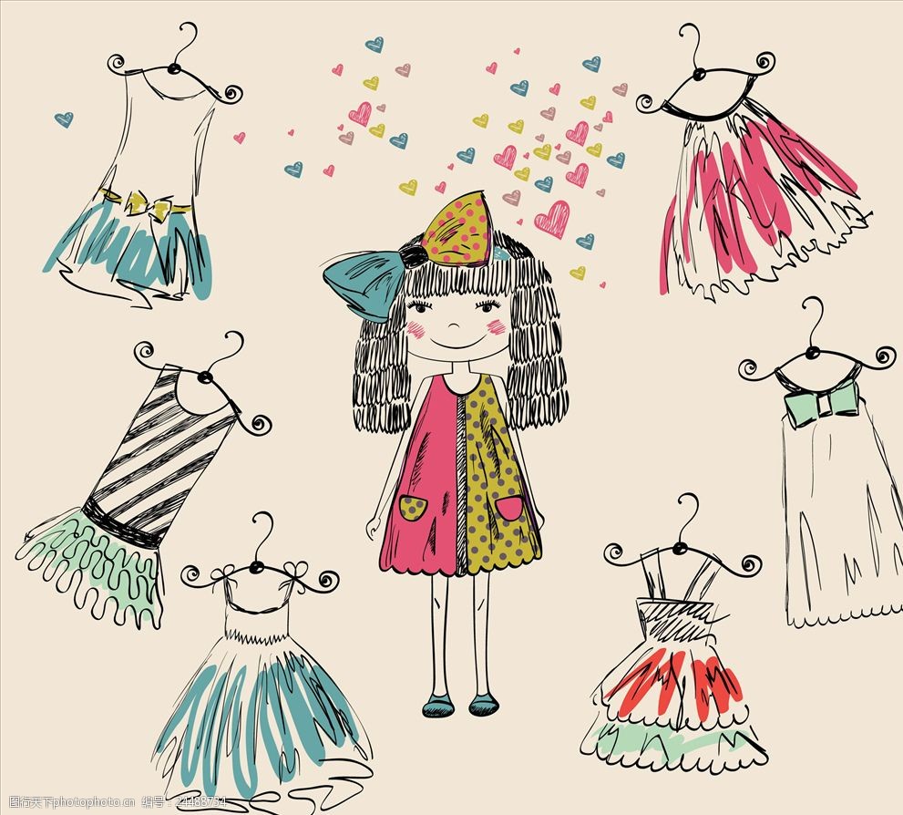 手绘卡通小女孩连衣裙矢量图下载