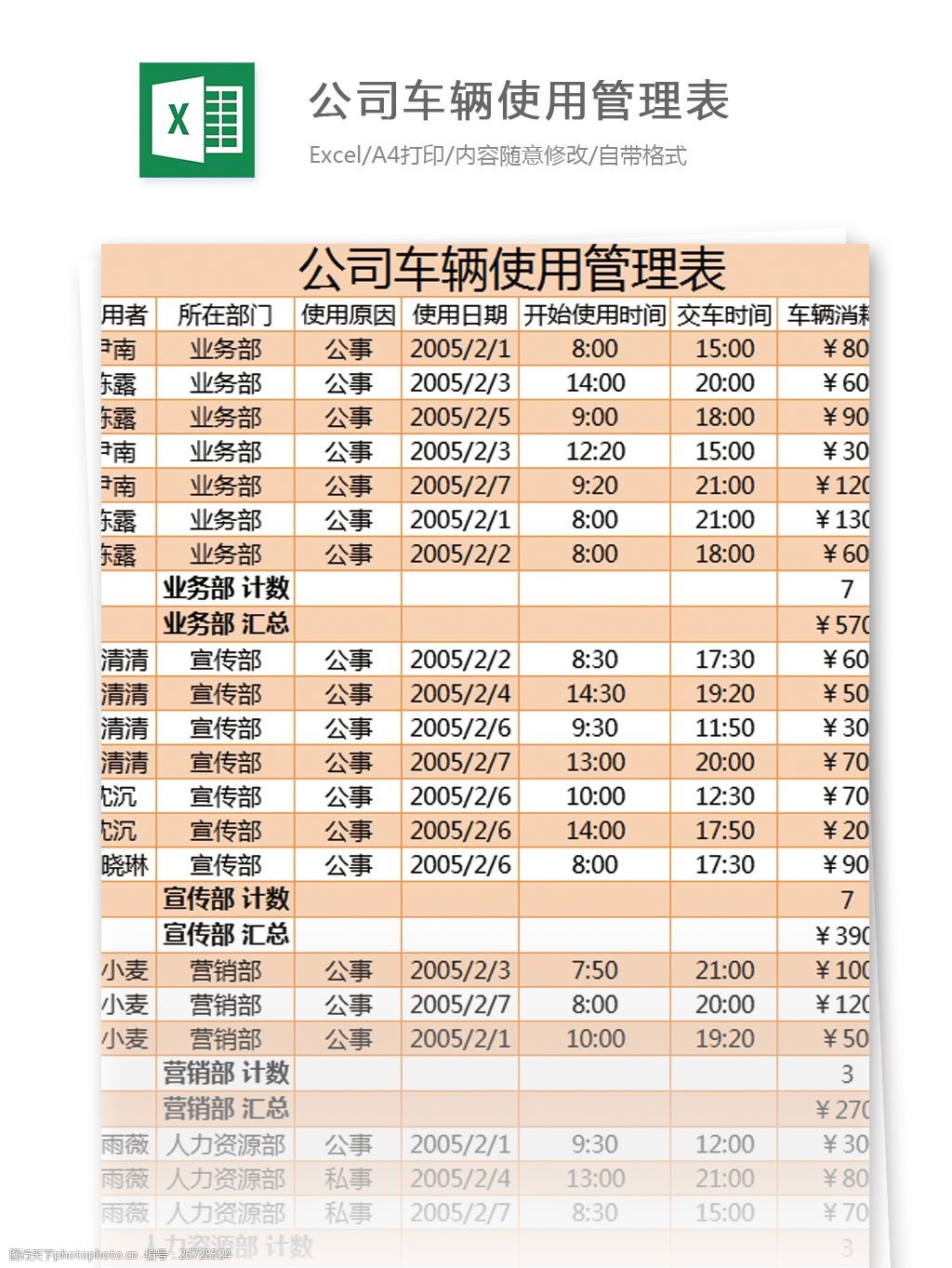 公司車輛使用管理表excel模板表格