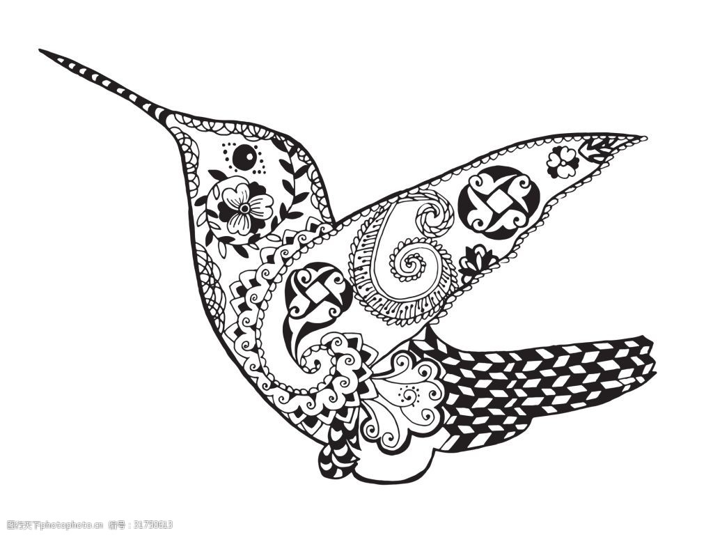 蜂鸟动物黑白线稿纹身图案印花矢量 花纹 卡通 黑白 动物 素材 小鸟
