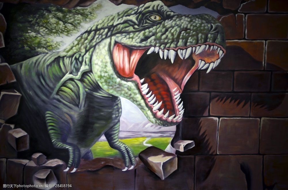 3d立体恐龙破墙而出背景墙