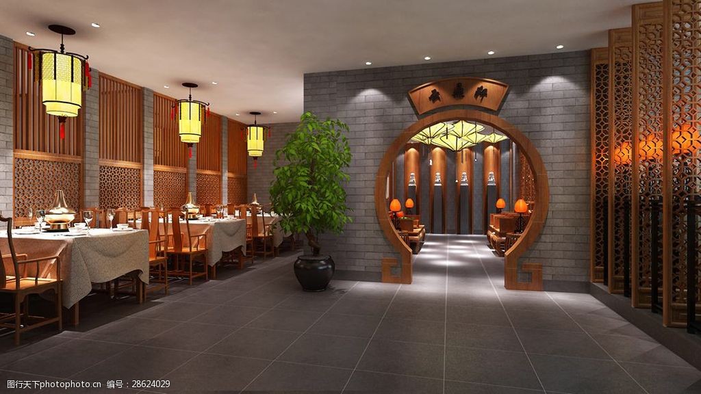 中式风格餐饮商业空间大厅效果图设计图片