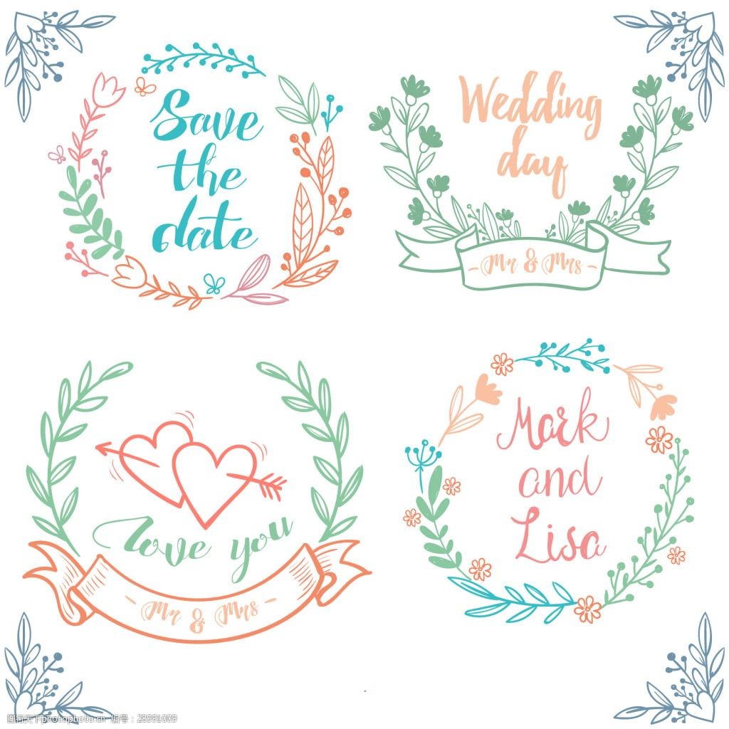 手绘创意可爱植物花环标题素材