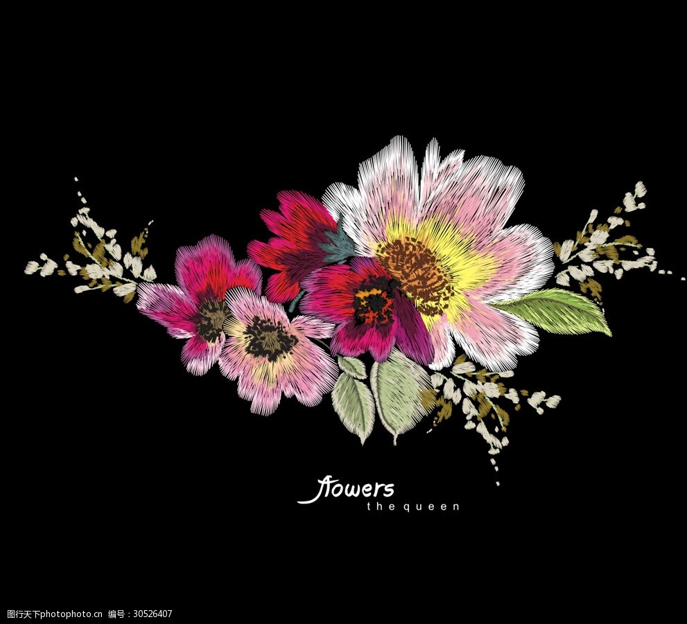 植物花朵花卉刺绣矢量图下载